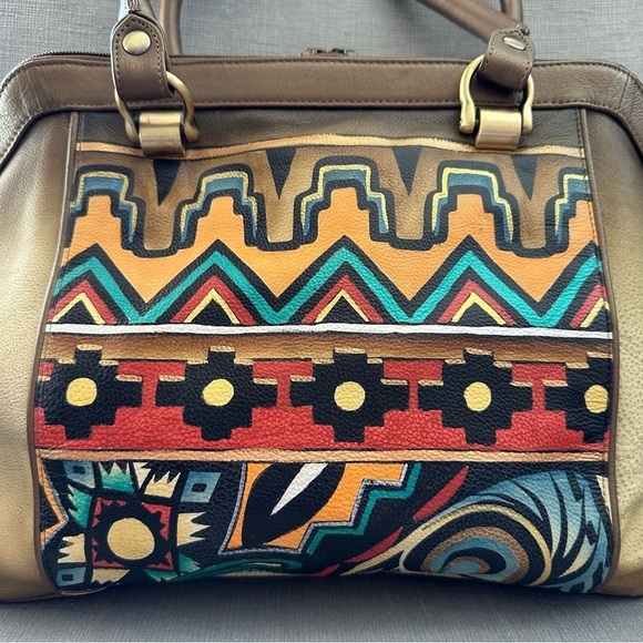 Anuschka Hand Painted Large Leather Tote Purse Gold Brown - Picture 3 of 10